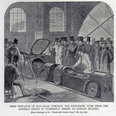 pneumatic car system for delivery of post in Victorian London